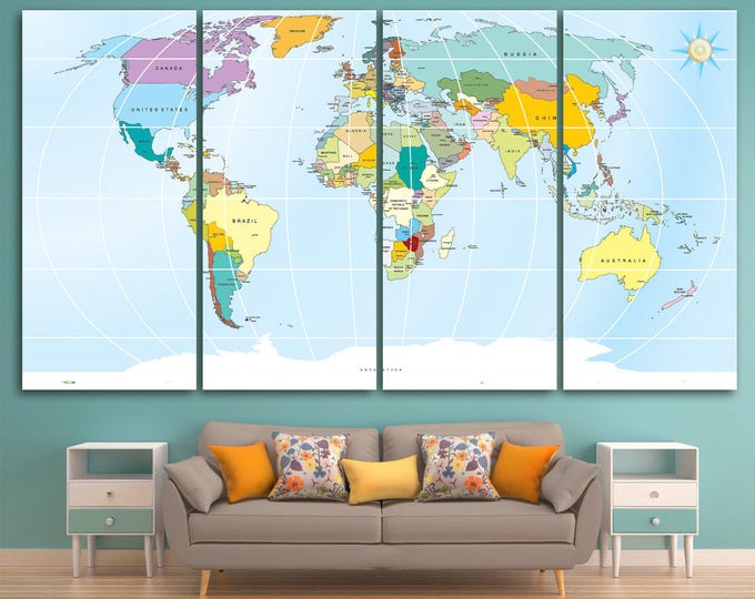 Large detailed map of the world, geography world map, push pin world map canvas, colorful detailed world map with countries canvas wall art