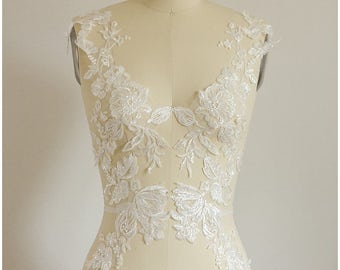 LARGE mirrored SEQUIN wedding dress appliqué, Flower appliqué, large Lace Flower, IVORY, Illusion Back Lace, flower lace - (CLA17451)