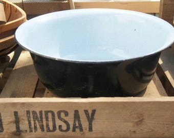 Vintage Black & White Enamel Basin, Enamel Bowl, Vintage Enamelware, Large Enamel Bowl, Rustic Round Enamel Storage, Outdoor Planter Tub