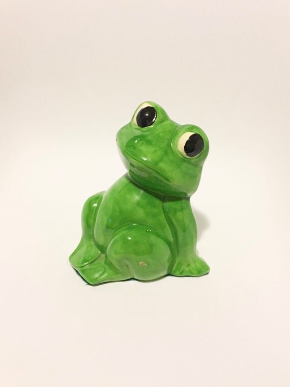 1970 Lg Vintage Glazed Ceramic Frog Figurine with Felt Bottom