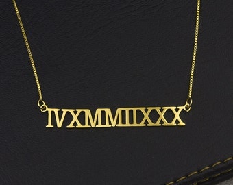 Roman Numeral Necaklce, Gold Roman Necklace, Customized Roman Numeral Necklace, Personalized Roman Pendant, Custom Date Necklace, Child Gift