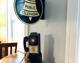 Vintage Automatic Electric Co. Payphone with Double Sided Porcelain Public Payphone Sign