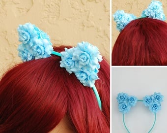 Floral Cat Ear Headband | Flower Kitty Ear Headband -- Sky Blue