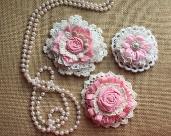 Shabby Chic Fabric Flower/Rustic Chic/girl room decor/ Pink and White Fabric Flowers/ Vintage Chic Doily Flowers/ Baby Girl Headband flower