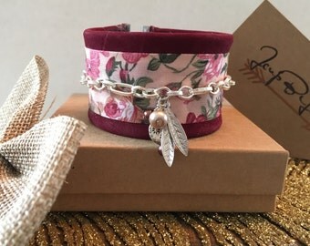 Red wine suede Cuff Bracelet, flower, charms.