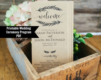 Printable Wedding Program Template, Rustic Wedding Ceremony Program, Instant Download, PDF