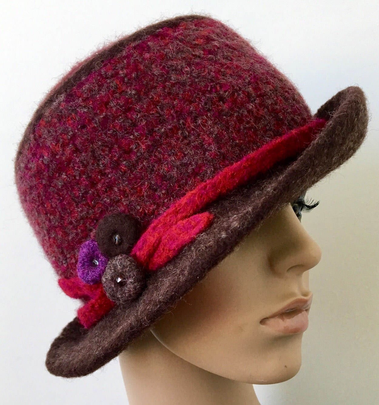 SALE Retro Felt Hat Women's Red and Brown Felt Hat Winter