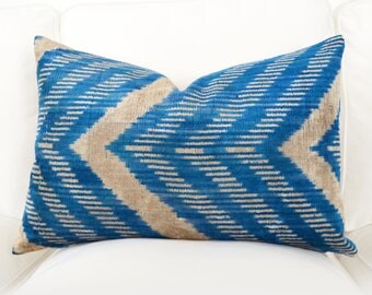 All Size Handwoven Silk Organic Modern Blue, Beige Silk Ikat Velvet Pillows, ikat pillow, velvet pillow, ikat, blue, velvet, throw pillow