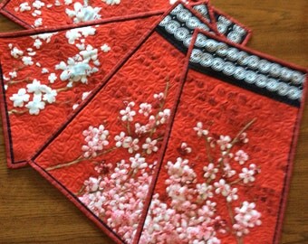 Cherry Blossoms Place Mats, Red place mats, Cherry Blossoms, Quilted place mats, set of 4