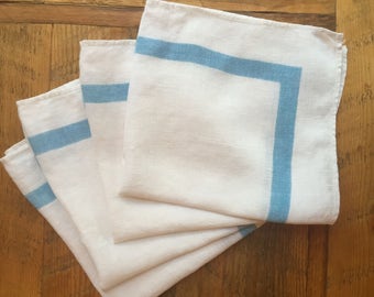 Vintage linen napkins, white with blue border, set of 4