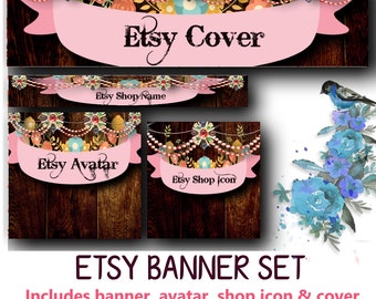 CUSTOM Floral Etsy Banner Set - Customized Wood Bling Banner or DIY - Avatar, Icon, Cover & Banner - DIY Blank Banner