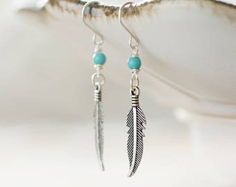 Native American earrings | Turquoise earrings | Feather earrings | Sterling silver charm earrings | Beaded jewelry | Hypoallergenic titanium