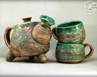 Unique teapot with mask and 2 cups, ceramic teapot, PreColumbian art decor house, handmade teapot, ceramic set kettle, african mask