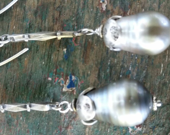 Silver Gray Tahitian Pearl Earrings Set in Sterling Silver