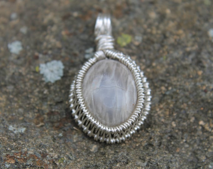 Moonstone Cabochon Silver Wire Wrap Pendant; Hand Cut and Polished Natural Stone Wire Weave Jewelry, BoHo Hippie Necklace, Gift for Her