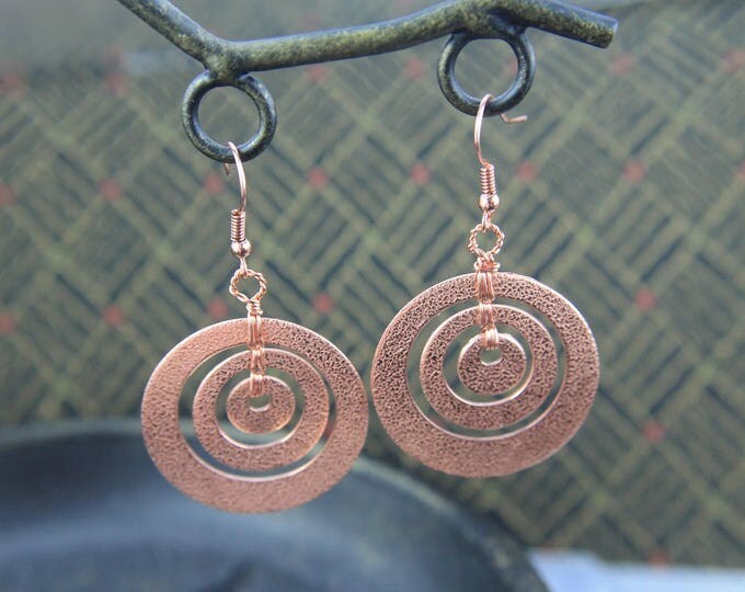 BoHo Copper Circle Earrings with Textured Pattern, Triple Circles Make a Modern but Classic Design for any Jewelry Lover, Gift for Her