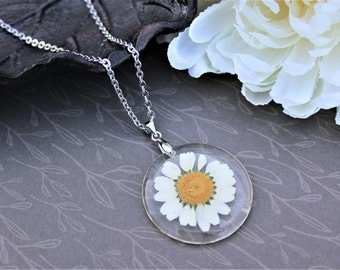 Real daisy necklace, pressed flower jewelry, nature lover gift, bohemian style, simple flower necklace, silver