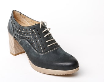 Women's leather high heels grey shoes, real leather oxford heels, nubuck shoes, deep grey deep green, dark grey shoes, laser cut decorated