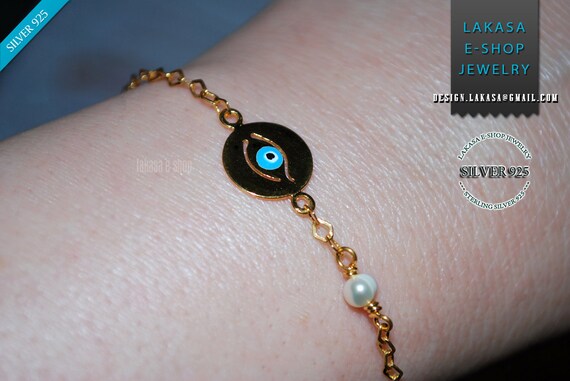 Enamel Eye Bracelet Sterling Silver Gold plated Fine Greek Art Jewelry Pearl Chain Best Ideas Gifts for her Birthday Anniversary Woman Kids