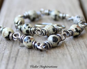 Dalmatian Jasper Bracelet / Sterling Silver Bracelet / Wire Wrapped Bracelet / Wire Wrapped Jewelry / Sterling Silver / Beaded Bracelet