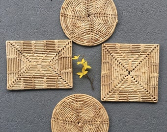 Set of Four Woven Trivets//Hot Pot Holders//Rattan Raffia Trivets//Square Rectangle Circle Trivets