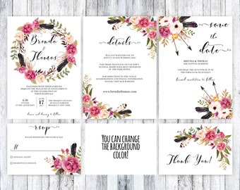 Boho boda conjunto invitación boda Boho, boho para imprimir invitación, invitación floral de boho, boho plantilla de boda, invitación de boda rústica