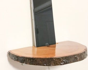Live Edge, Rustic Home Decor, Wood Shelf, Docking Station, Smartphone Shelf, iPhone Wall Shelf, Outlet Shelf, Phone Dock, Phone Shelf