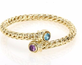 Trendy 14K Yellow Gold Aquamarine And Amethyst Cage Bangle Bracelet - 22.7 GRAMS