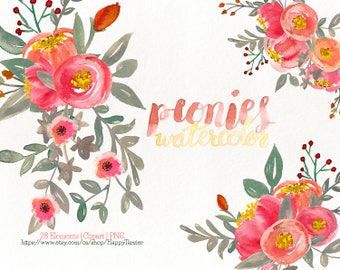 80% OFF! Watercolor Flora 06 Peonies Clipart, Flowers Clipart, Flower, Floral, Wreath, Bouquet, PNG, Clip Art, Watercolour, Orange, Red