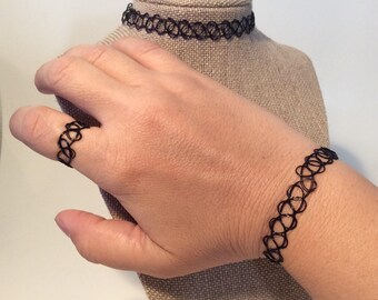 Vintage Black Tattoo Choker Set, Tatoo Choker, Tattoo Bracelet, Tattoo Ring, 90's, Black Choker