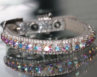 Rockstar TM - Rainbow Aurora and Clear Diamonte Crystal Rhinestones Aura Chakra Dog Cat Pet Jewelry Collar Necklace and Safety Collar