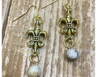 Gold Fleur de Lis with ivory bead dangle Earrings