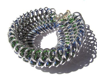 Dragon Scale Chain-Maille Anodized Aluminum Weave Bracelet-Blue, Green, Silver 7 and 1/2" (18.5cm) Long with Sterling Silver Slide Clasp