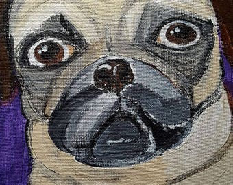 Pet portrait - doug the pug dog . acrylic painting 6x6