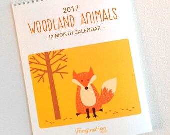 SALE 75% OFF - 2017 Calendar- Wall Calendar- Monthly calendar- 2017 Wall Calendar- Woodland Animals- Fox- Animal art-Wall Art -Woodland art
