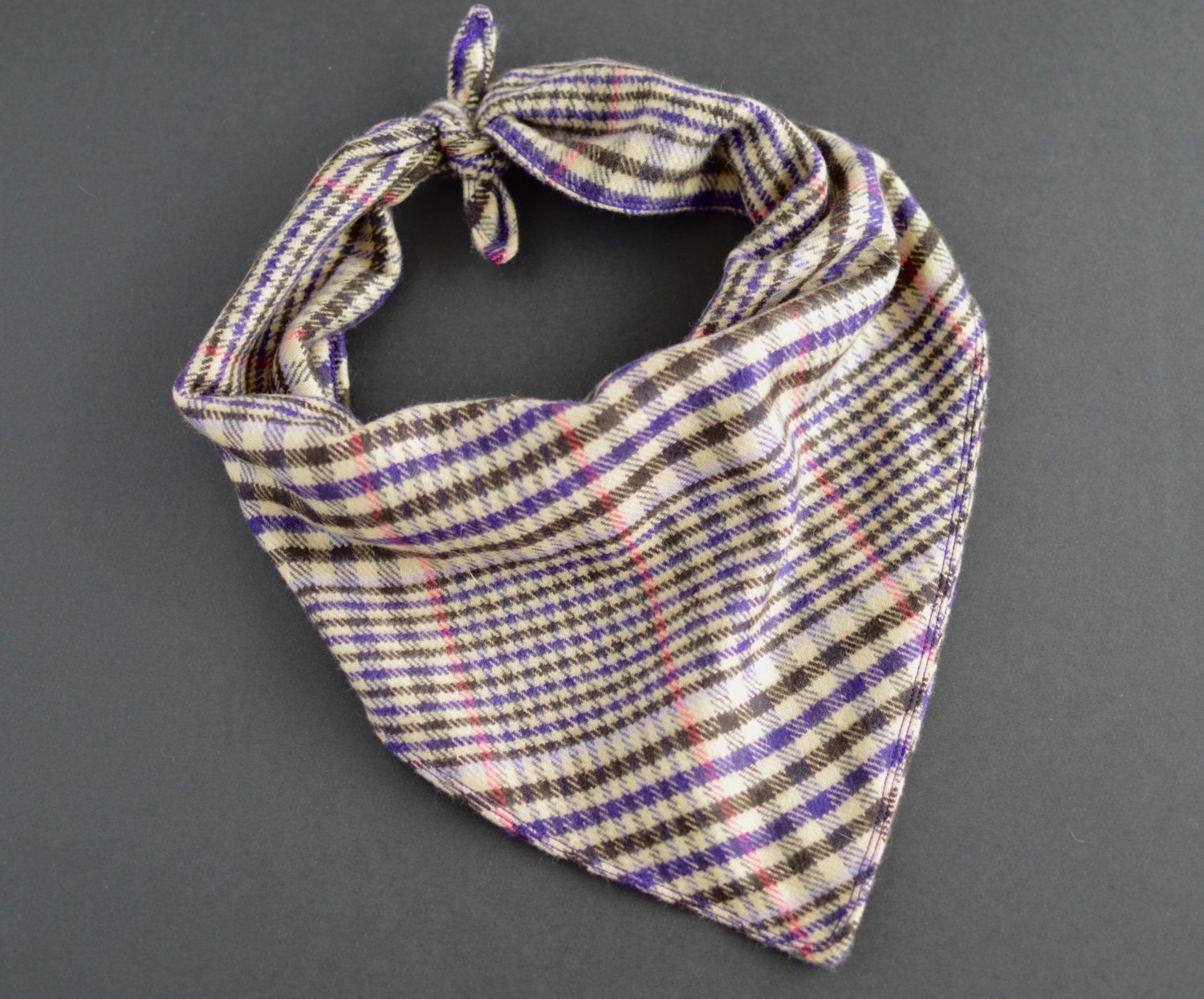 Soft Handmade Tie On Dog Bandana Ivory and Purple Checkered