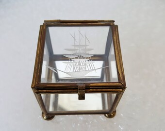 Vintage Glass and Brass Display Box with Etched Ship and Mirrored Bottom