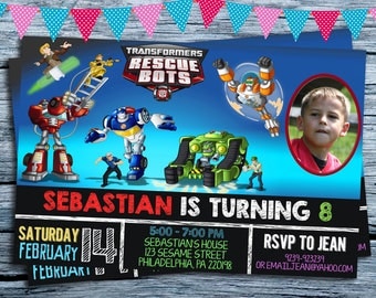 Transformers rescue bots boys chalkboard personalized birthday invitation Birthday Invitation, Rescue Bots Invitation, Robots Gift