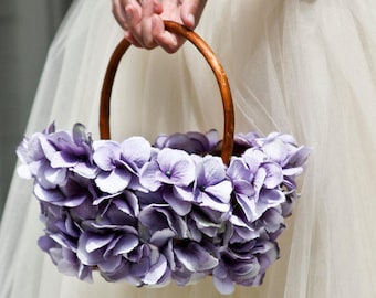 Flower Girl Basket, Wicker with Hydrangea Petals