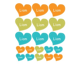 58 Custom labels for clothing, Personalized iron on labels, kids heart labels, clothes tags, camp labels, laundry safe labels, 201