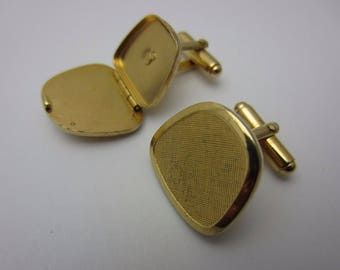 Vintage Opening Locket Mens Cufflinks Keepsake Hinged Brushed Gold Tone Metal Stamped Austria 1950s 1960s Cuff Links Suit Shirt Accessory
