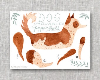 Dog Articulated Paper Doll, Illustrated Print, Puppet, Craft, Decoration, Scrapbooking