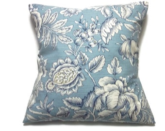 Decorative Pillow Cover Bold Floral Design Light Blue Navy Blue White Same Fabric Front/Back Toss Throw Accent 18x18 inch x