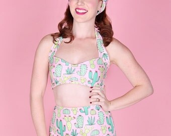 Pink Cactus print Women's Retro Pin up High waist bikini Two piece swimsuit