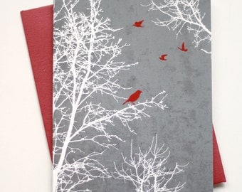 Christmas Cards / Holiday Cards - Peaceful Winter Silhouette Trees and Birds with textured background - Set of 8