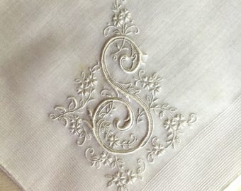 Vintage White Hanky with a White Initial S - Hankie Handkerchief