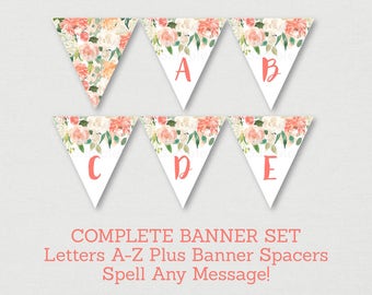 Floral Baby Shower Banner / Floral Baby Shower / Watercolor Floral / Peach Floral / Letters A-Z / DIY Pennant Banner INSTANT DOWNLOAD A163