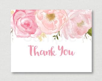 Soft Pink Floral Bridal Shower Thank You Card / Floral Bridal Shower / Watercolor Floral / Folded Card / PRINTABLE / Instant Download B108