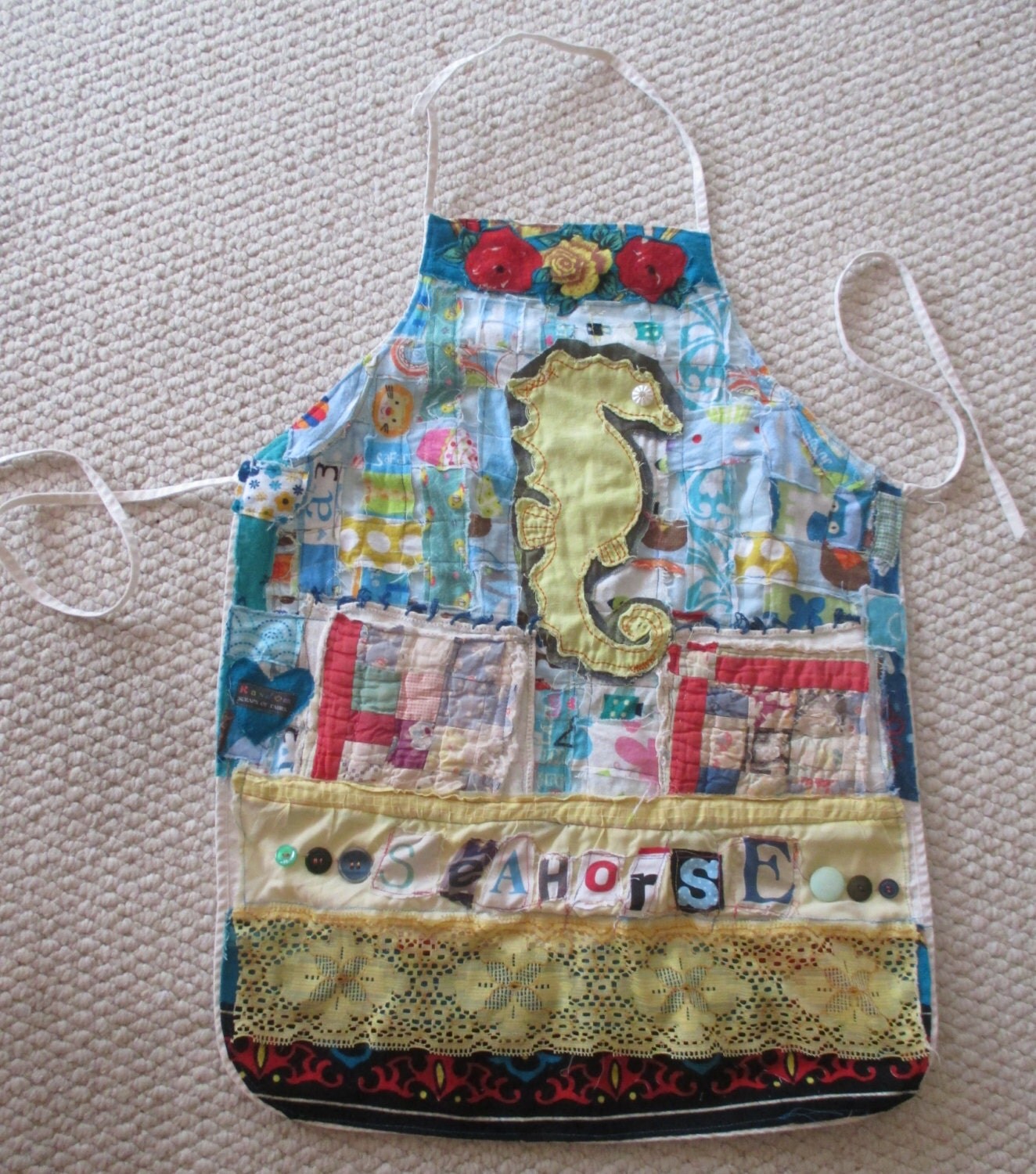 SEAHORSE APRON Wearable Collage Folk Art Clothing Vintage