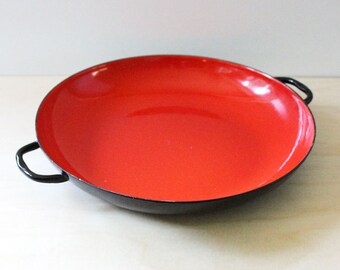 1960s Orange enamel pan. Lantoni Sizzling Server, made in Italy.